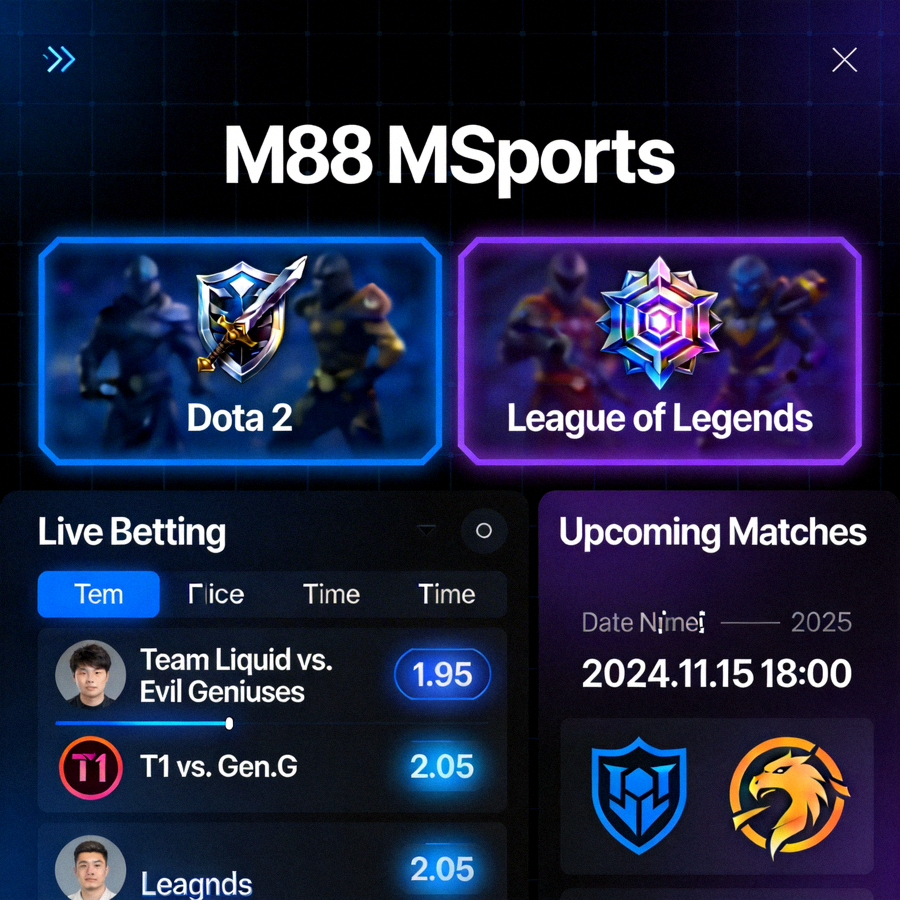 Antarmuka taruhan e-sports di M88 MSports untuk game populer seperti Dota 2 dan League of Legends
