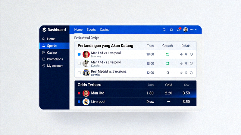 Dashboard lengkap M88 MSports yang menampilkan menu navigasi, pertandingan yang akan datang, dan odds terbaru